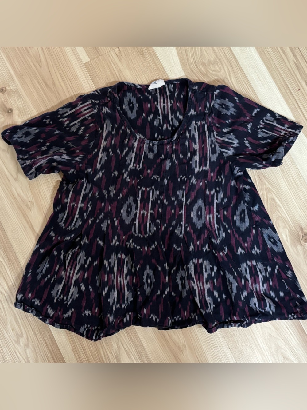 Mata Traders Boho Ikat Print Short Sleeve Flowy Cotton Blouse XS
